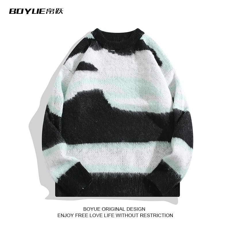 Áo len lông thỏ nam phối màu tương phản, sweater unisex lông thỏ dệt kim form rộng phong cách Hàn Quốc 6873