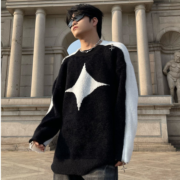 Áo len lông thỏ cổ tròn nam nữ unisex hoạ tiết ngôi sao,Sweater unisex phối khoá vai phong cách Hàn Quốc 5855