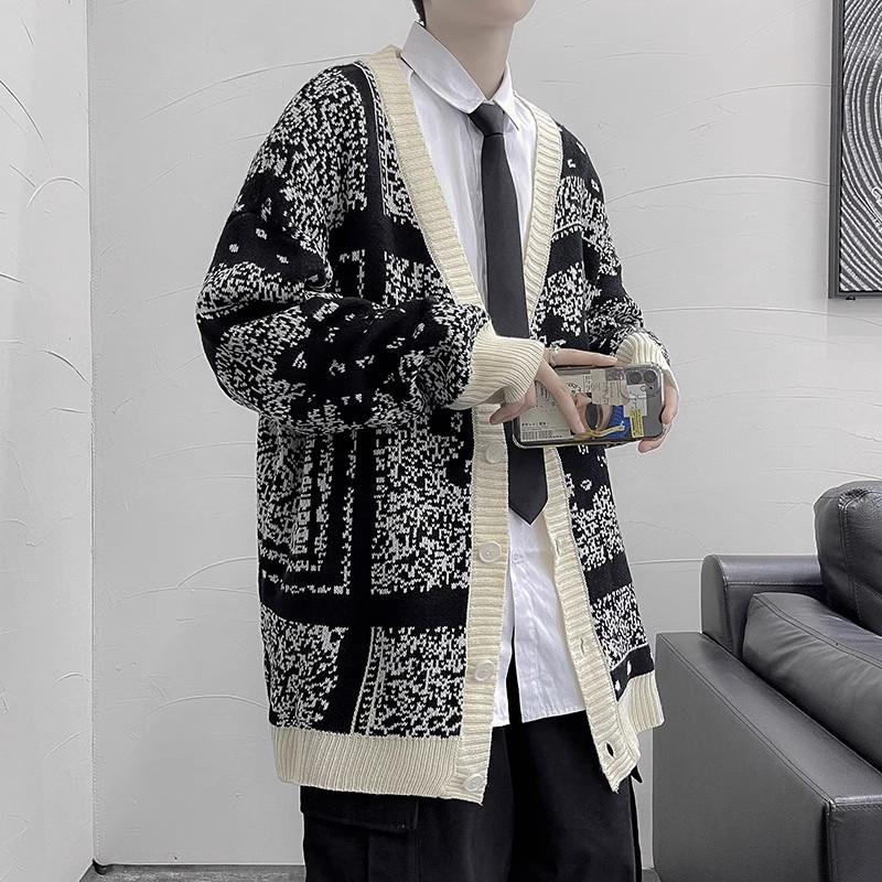 Áo cardigan len nam dáng rộng oversize len cardigan nam phối hoạ tiết cá tính năng động phong cách Hàn Quốc F004