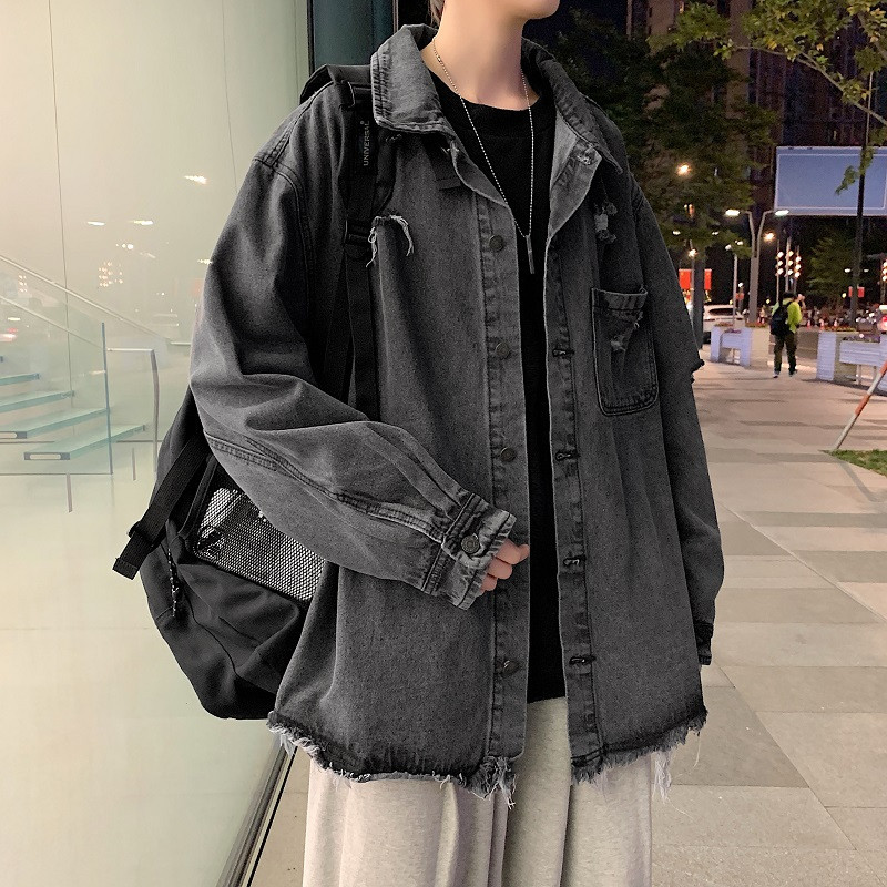 Áo jean khoác denim nam dáng rộng xé rách gấu, áo jacket nam chất denim phong cách đường phố X311