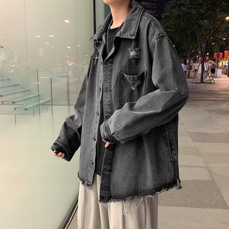 Áo jean khoác denim nam dáng rộng xé rách gấu, áo jacket nam chất denim phong cách đường phố X311