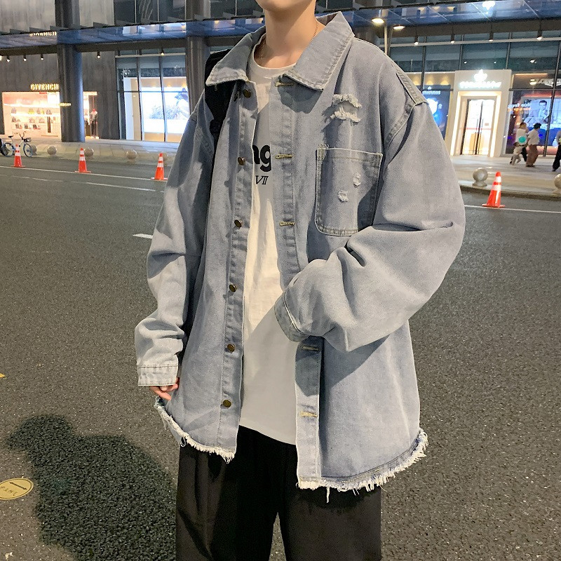Áo jean khoác denim nam dáng rộng xé rách gấu, áo jacket nam chất denim phong cách đường phố X311