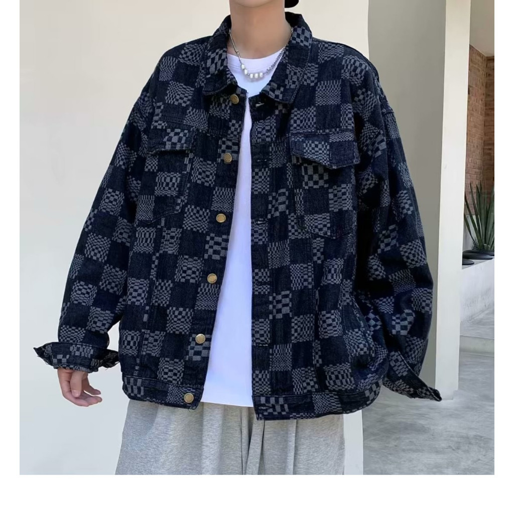 Áo jean khoác denim hoạ tiết caro nam phom rộng áo khoác bò jacket nam caro phong cách hip hop hàng quảng châu siêu đẹp