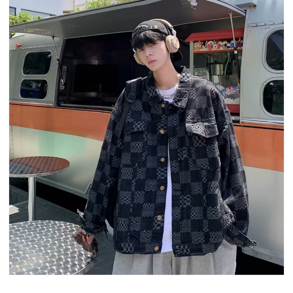 Áo jean khoác denim hoạ tiết caro nam phom rộng áo khoác bò jacket nam caro phong cách hip hop hàng quảng châu siêu đẹp