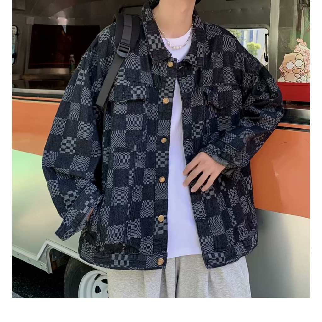 Áo jean khoác denim hoạ tiết caro nam phom rộng áo khoác bò jacket nam caro phong cách hip hop hàng quảng châu siêu đẹp