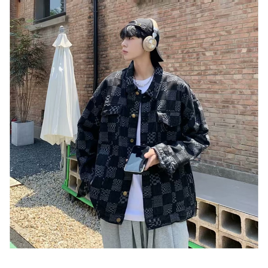 Áo jean khoác denim hoạ tiết caro nam phom rộng áo khoác bò jacket nam caro phong cách hip hop hàng quảng châu siêu đẹp
