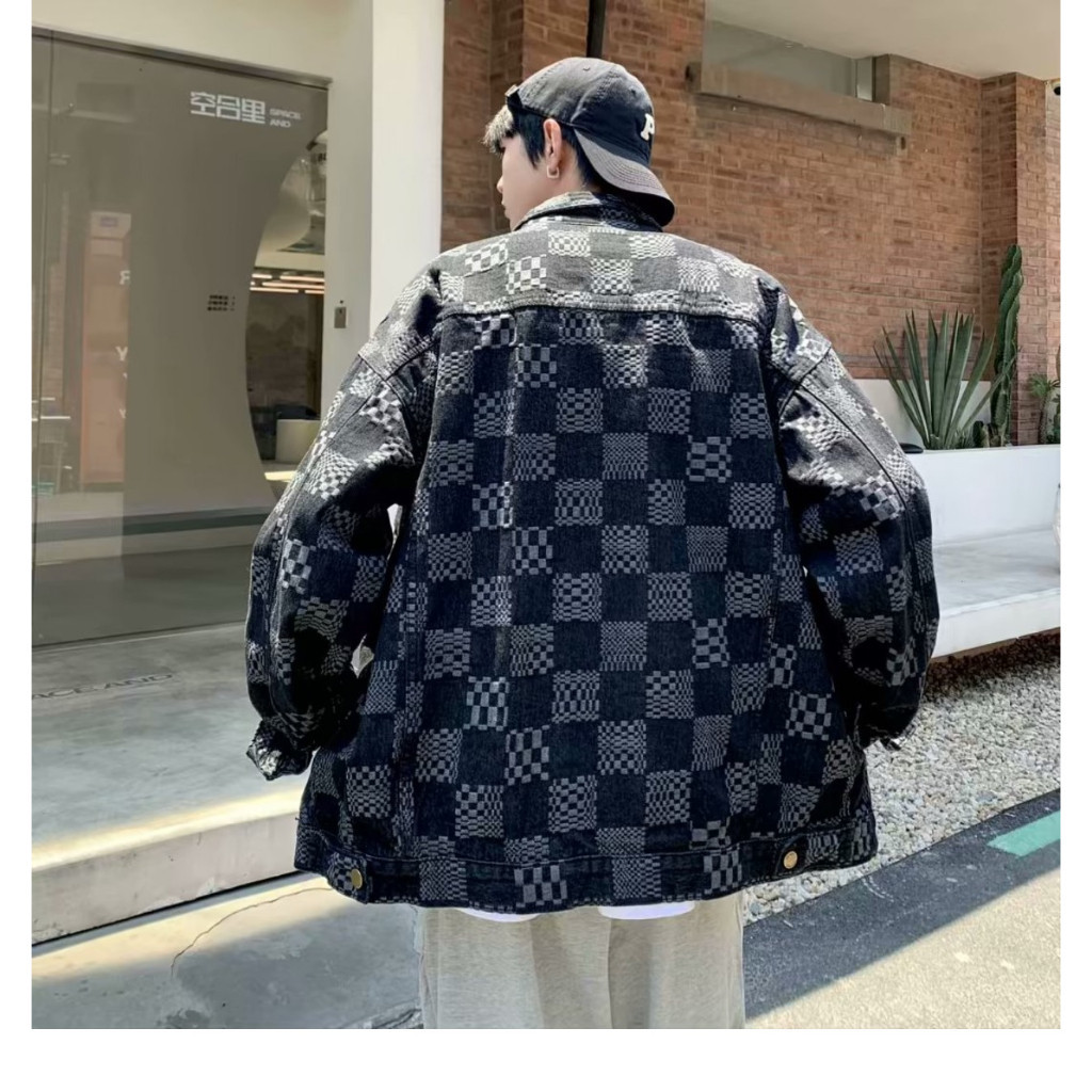 Áo jean khoác denim hoạ tiết caro nam phom rộng áo khoác bò jacket nam caro phong cách hip hop hàng quảng châu siêu đẹp