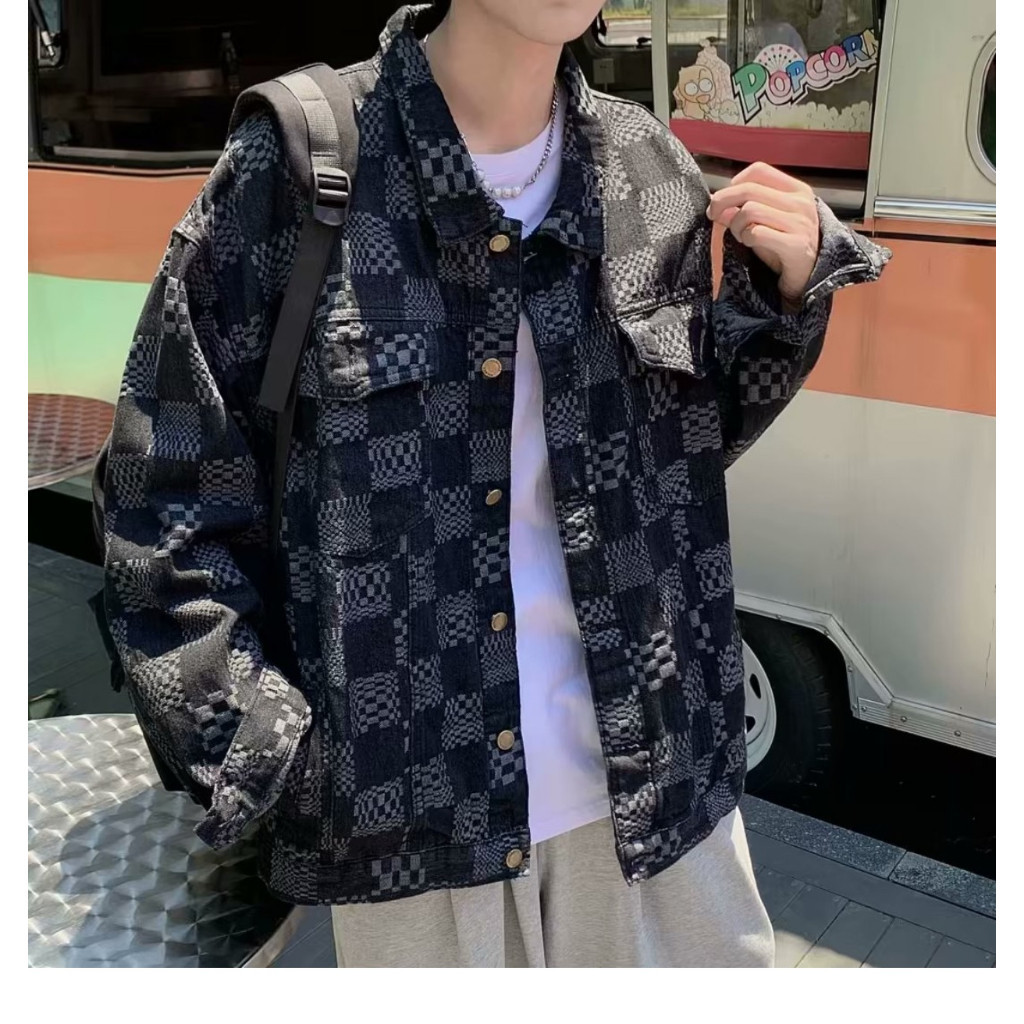 Áo jean khoác denim hoạ tiết caro nam phom rộng áo khoác bò jacket nam caro phong cách hip hop hàng quảng châu siêu đẹp