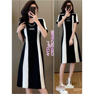 Hàng nhập - Đầm dáng suông thun mịn mát phối màu trắng đen, váy xuông Quảng Châu tay ngắn cổ tròn logo MiuMiu