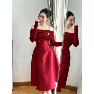 Đầm Dự Tiệc Trễ Vai Tay Dài Thời Trang, Váy Tafta Thiết Kế Tiểu Thư Sang Chảnh