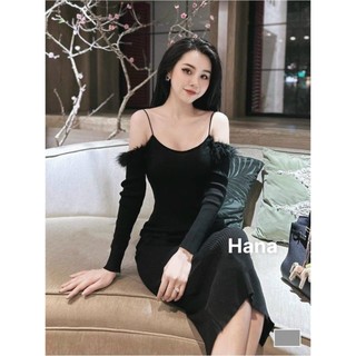 Đầm Body 2 Dây Quyến Rũ Phối Tay Lông Sang Xịn Min Tone Đen Sang Chảnh