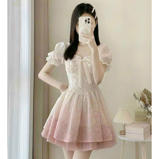 Đầm gấm mini xòe cổ bèo cột nơ siêu dễ thương