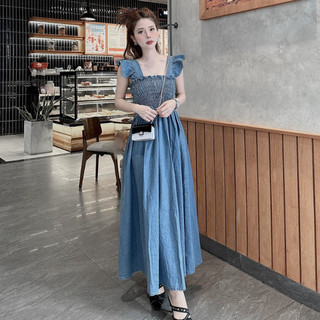 Đầm Denim Maxi Mocking Dây Bèo Dáng Xòe Xếp Ly Dạo Phố Du Lịch Xinh Xắn