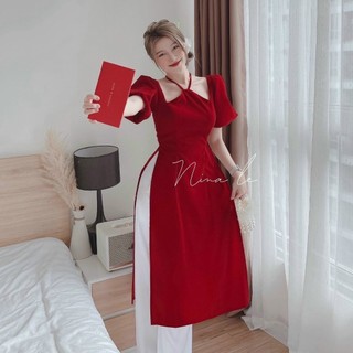 Áo dài cách tân phong cách hiện đại vải nhung đỏ kèm quần lụa phù hợp đi chơi, lễ tết
