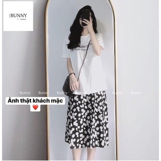 Sét áo in chữ & chân váy họa tiết hoa cúc thiết kế cổ điển thời trang