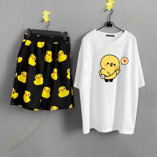 Sét áo vịt trái timvà quần đùi vịt vàng, sét bộ unisex chất đẹp thời trang hàn quốc dvgit dvgit