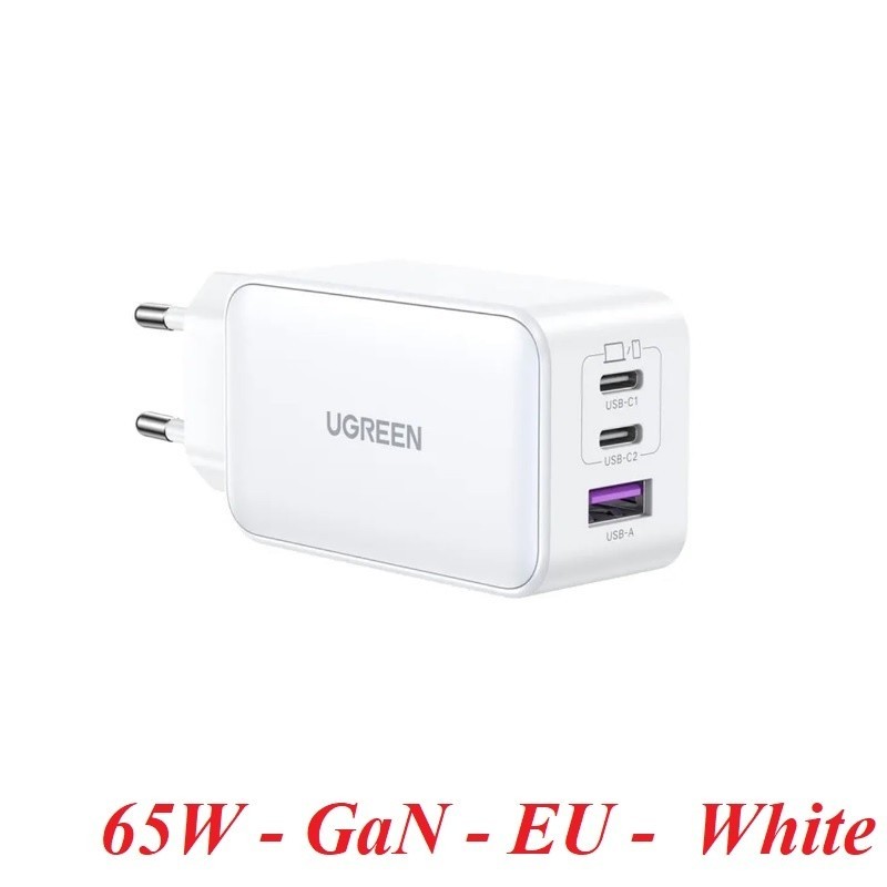 Ugreen 15334 65W 2c1a GaN Nexode chuẩn cắm EU chân tròn Màu Trắng Củ sạc nhanh 2 x USB-C + 1 x USB-A
