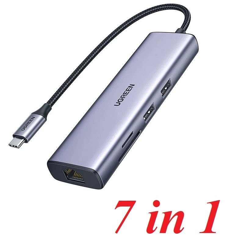 Ugreen 90568 4K30Hz Bộ chuyển 7in1 USB type C sang 2*USB3.0 + HDMI + RJ45 + SD & TF + PD Converter c
