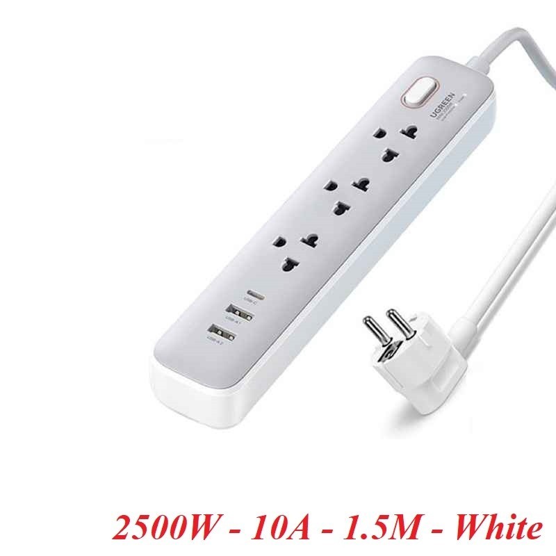 Ugreen 15143 30W 1C2A nguồn dài 1.5M EU Ổ cắm điện đa năng kèm  sạc điện thoại 1 USB-C + 2 cổng USB-