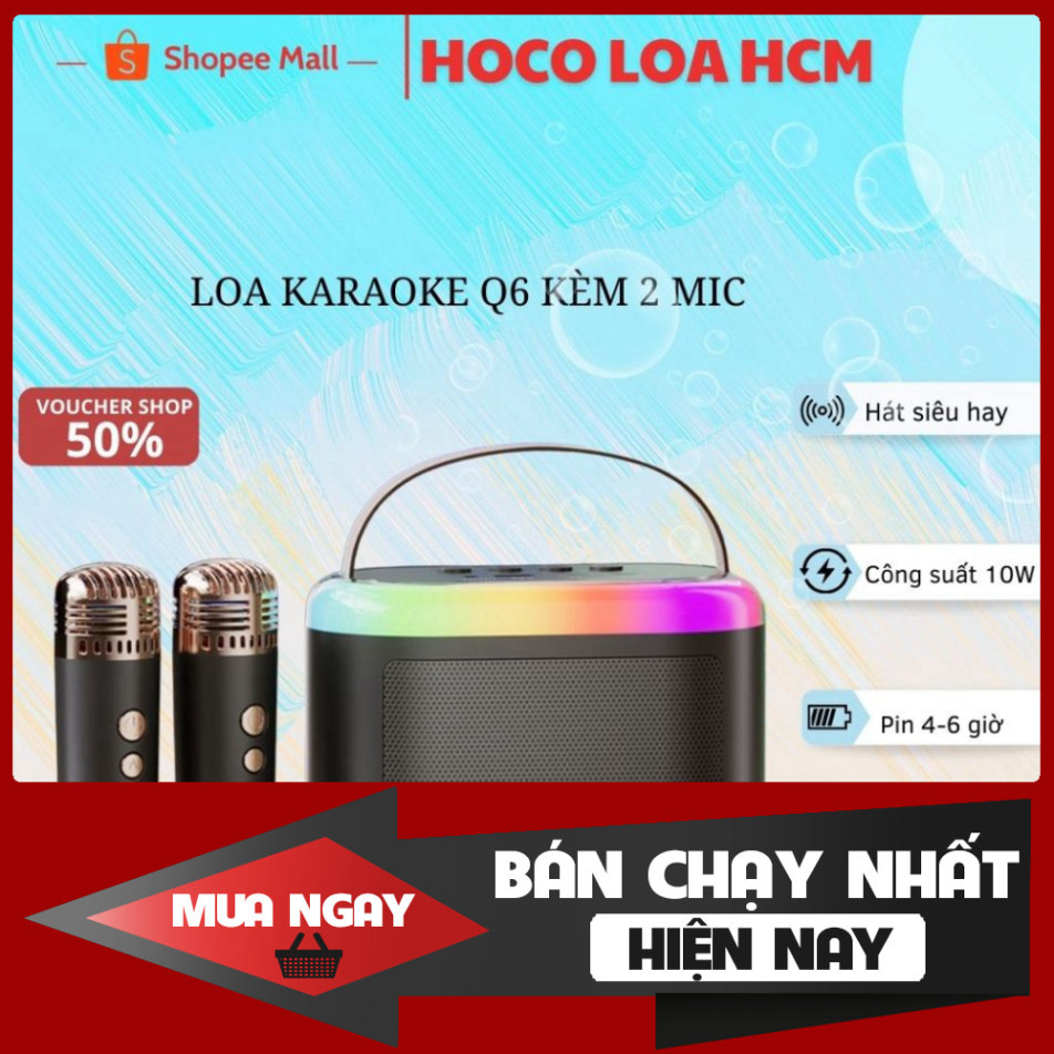 SALE -  Loa Bluetooth karaoke kèm 2 mic không dây Q6, loa bluetooth trong suốt có LED phiên bản 2024, Loa mini karaoke