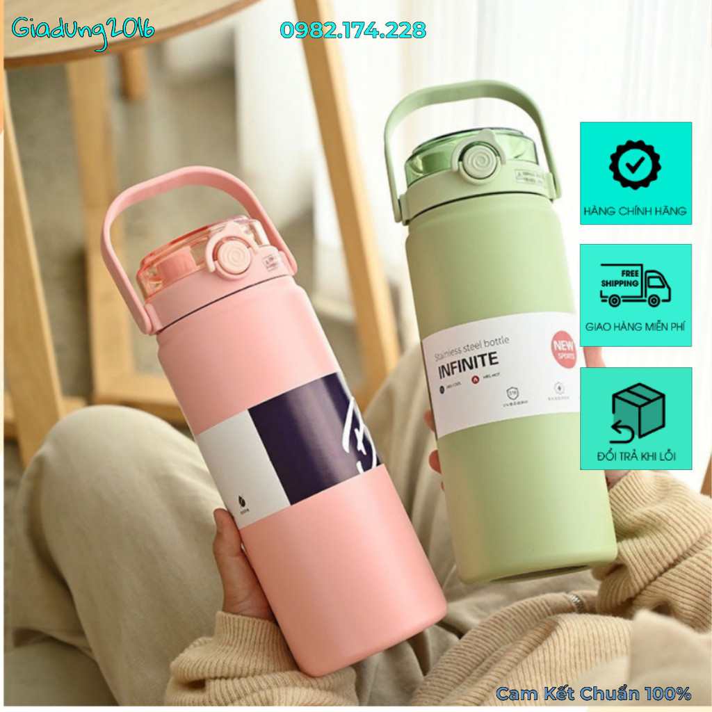 Bình Giữ Nhiệt Inox 304 dung tích 1200ml 🌏FREE SHIP🌎 Bình Có Quai Xách, Ống Hút, Nắp Bật Chống Tràn (Tuyển Sỉ)