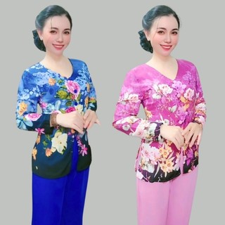 Bộ bà ba bigsize cổ tim - Mẫu bà ba cổ tim đính nút bọc phối quần lụa cao cấp phom 60-70kg