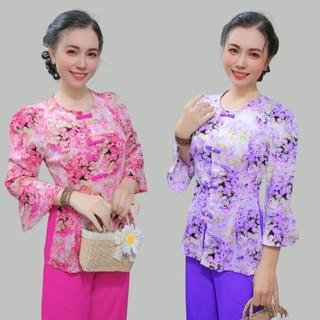 Bộ bà ba tay bèo, mẫu áo bà ba cổ tròn phối nút tàu đính ngọc, vải lụa mềm mịn, phom 45-65kg