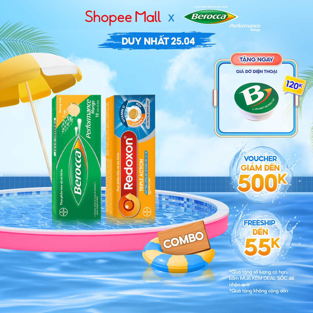 Combo Viên sủi Vitamin C, D, và Kẽm Redoxon Triple Action 10 viên & Viên sủi Vitamin Berocca Performance 10 viên