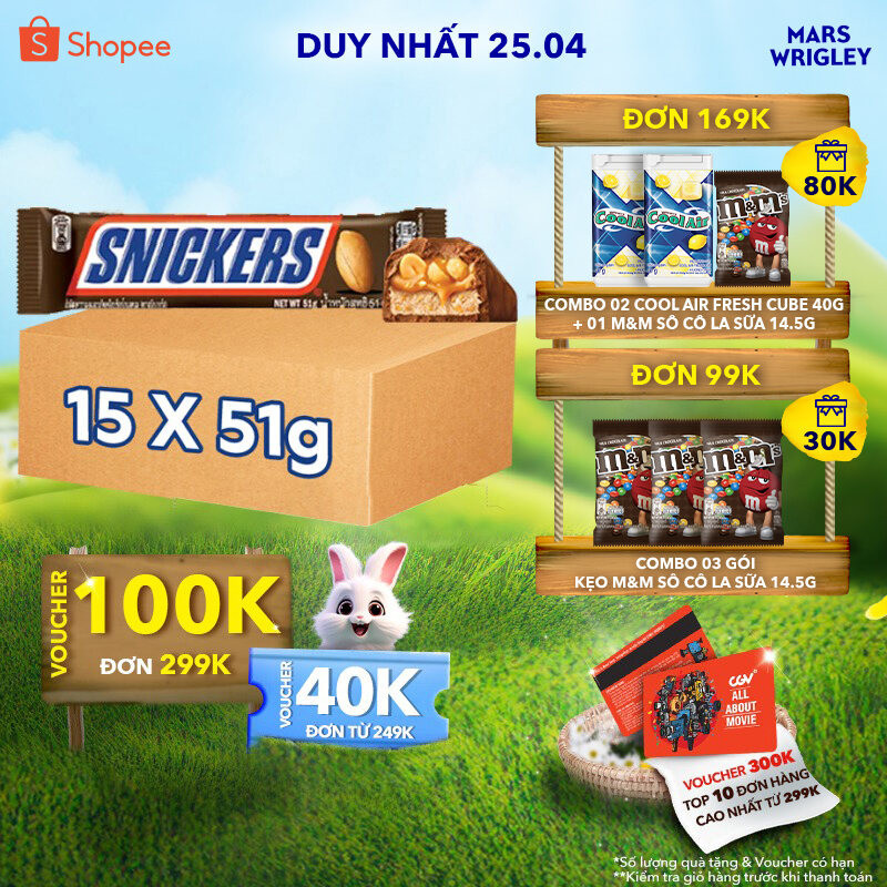 Combo 15 thanh kẹo Sô Cô la Snickers thanh 51g