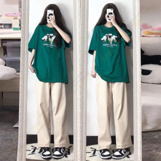 Sét áo phông xanh in Cừu trắngkèm quần kaki trắng, Áo thun nam nữ, from rộng mặc không xù DVGIT DVGIT