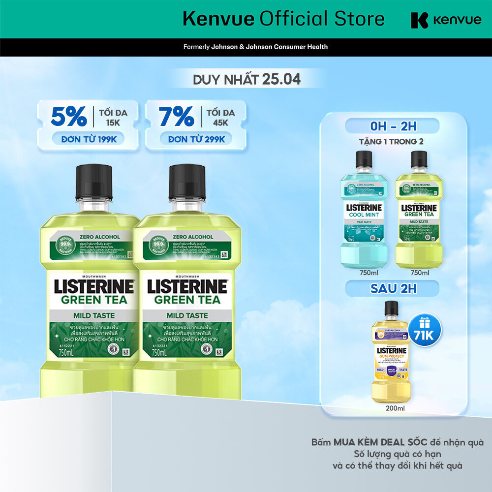 Bộ 2 Nước Súc Miệng Ngừa Sâu Răng Listerine Green Tea Zero Alcohol 750ml/chai