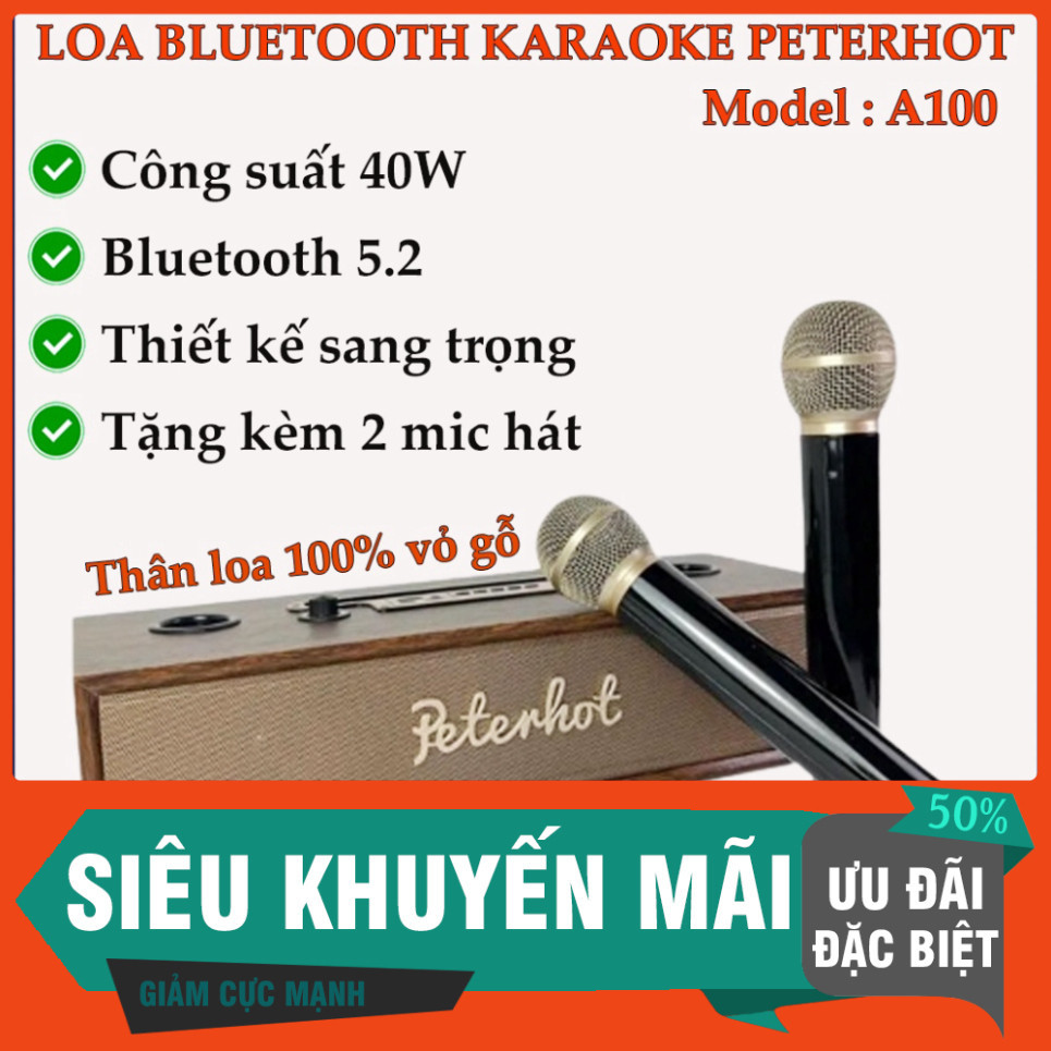 siêu khuyến mãi -  Loa bluetooth karaooke peterhot A100 tặng kèm 2 mic, Loa karaoke gia đình thiết kế vỏ gỗ sang trọng,