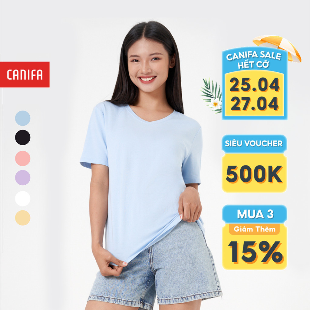 Áo phông nữ CANIFA chất liệu cotton, cổ tim tay cộc 6TS23A005