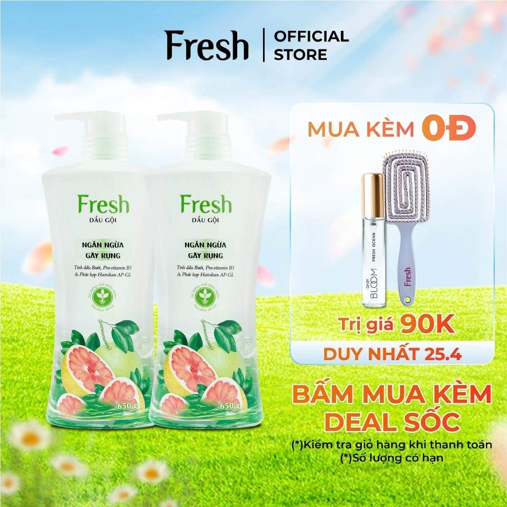 [25.4 - BẤM KÈM DEAL SỐC - NHẬN QUÀ 0Đ] Combo 2 Dầu gội Fresh Giảm gãy rụng tinh dầu Bưởi 650g/chai