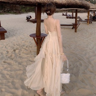 Đầm đi biển maxi hai dây phối bèo hở lưng màu nude S1072