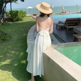 Đầm maxi hai dây hở lưng thắt nơ đi biển (Trắng) S1073