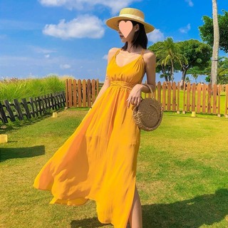 Đầm maxi hai dây Boho vàng đi biển chụp ảnh sống ảo S1071