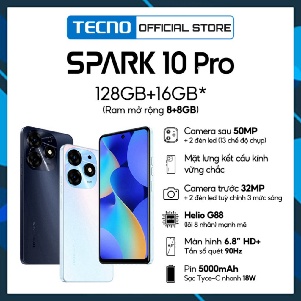 Điện thoại Tecno SPARK 10 Pro 8GB/128GB - Helio G88 | 5000 mAh | Sạc nhanh 18W | Hàng chính hãng - hàng chính hãng