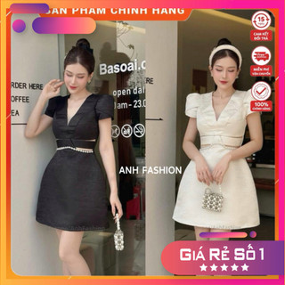 đầm thiết kế - đầm dự tiệc cổ V eo đính đá sang chảnh - Đầm tiểu thư dáng ngắn dự tiệc