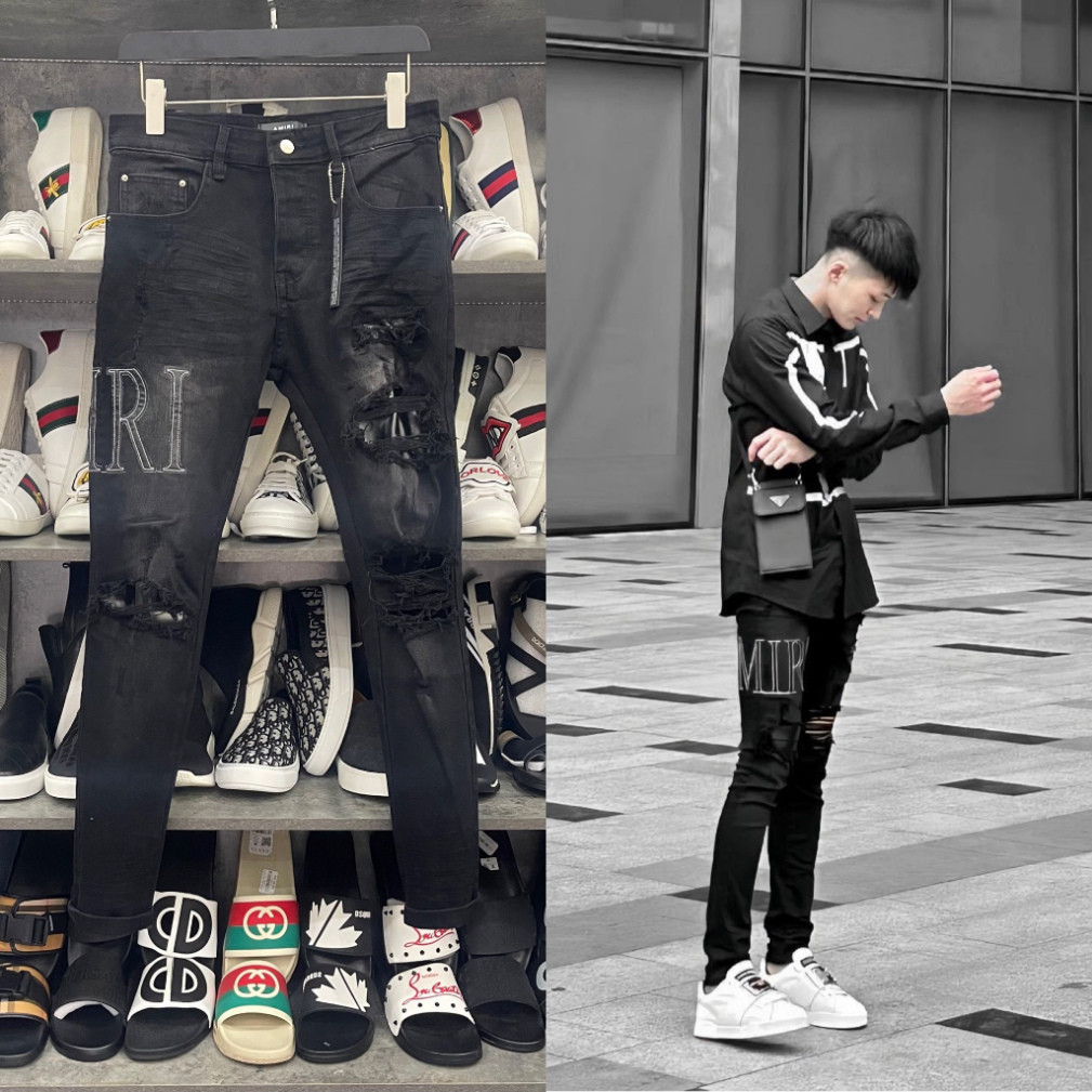 Quần jean skinny Amiri nam likeauth wash đen mài thêu chữ đùi phối rách xù vá da đen mix túi sau da HOT TREND 2024