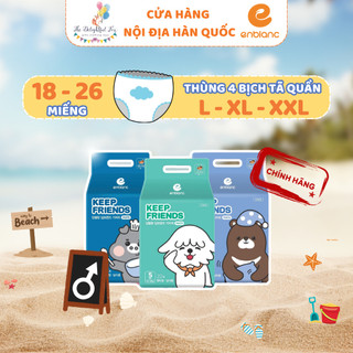 (Mua 4 Tặng 1) Thùng 4 Bịch Tã/Bỉm Quần Enblanc Keep Friends Hàn Quốc Cho Bé Trai Size L26, XL22, XXL18 Mỏng Nhẹ, Thoáng