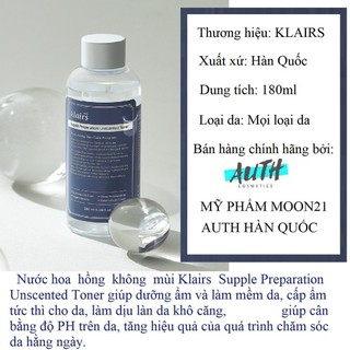 Nước hoa hồng Klairs không mùi Toner Klairs phục hồi da mụn cấp ẩm dưỡng da trắng sáng 180ml -Bip68