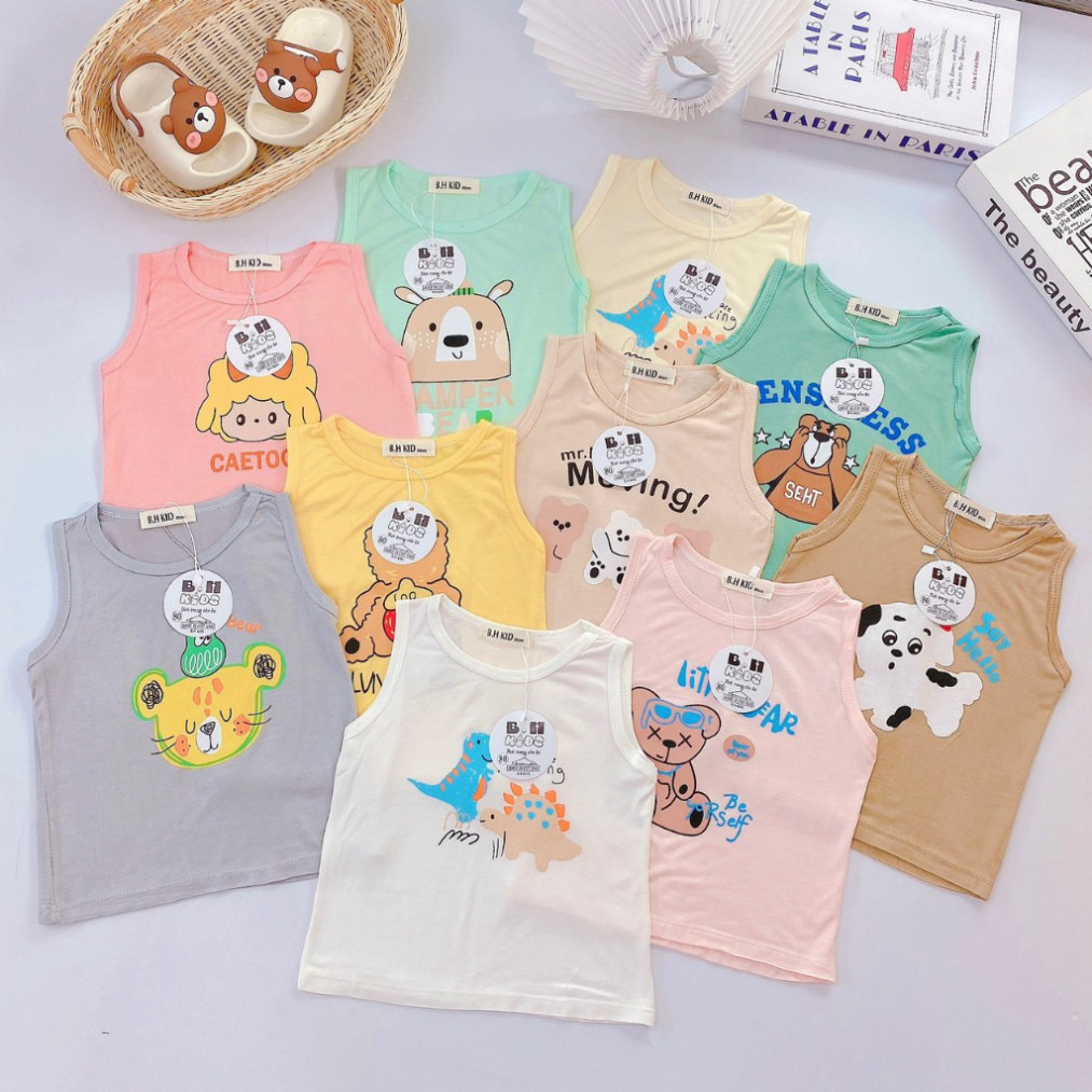 Áo ba lỗ bé gái , bé trai vải thun lạnh Basic Họa Tiết Dễ Thương ABL04 LYBABY