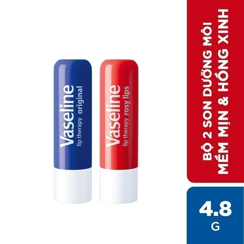Combo 2 son dưỡng môi Vaseline dạng thỏi Lip Therapy Stick: Mềm Mịn Original và Hồng Xinh Rosy Lips (4.8g x2)