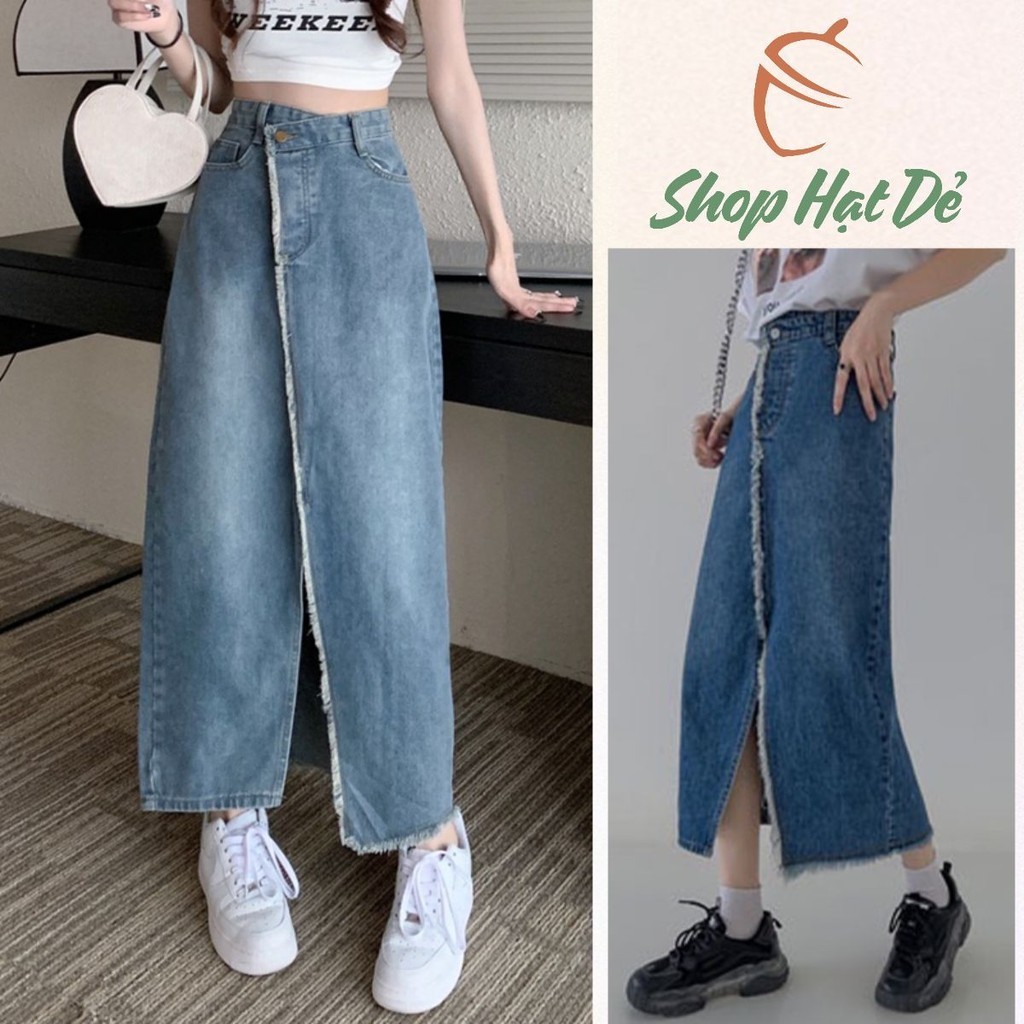 Chân váy jean xẻ dài qua gối, chân váy bò cạp lệch tua gấu tôn dáng cá tính hottrend Shop Hạt Dẻ A7