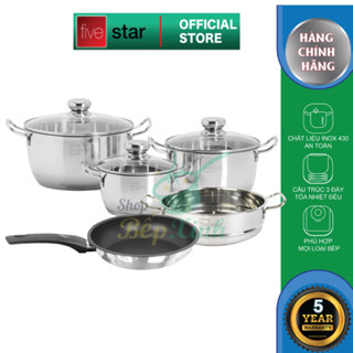 Bộ nồi xửng inox 430 Fivestar 3 đáy 4 món nắp kính dùng được bếp từ , hồng ngoại , gas , tặng 1 vá canh