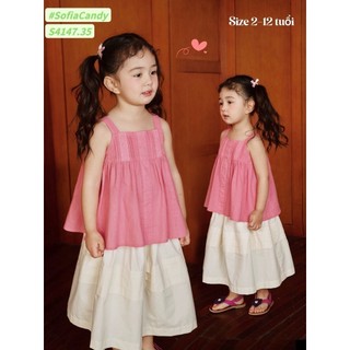 S4147 - Set bộ Sofia Candy vải thô áo 2 dây hồng phối chân váy trắng size 2-12y