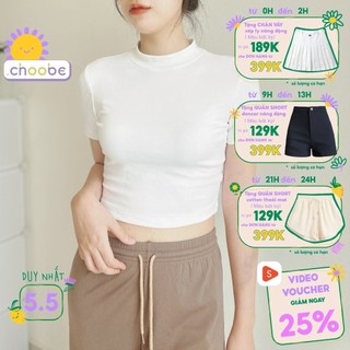 Áo phông baby tee nữ Choobe croptop cộc tay cổ cao basic ôm body vải cotton co giãn tốt A86