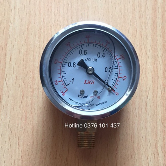 Đồng hồ dầu do áp suất âm -1, đồng hồ hút chân không áp suất áp lực thủy lực ( phi 63 ren 13mm )