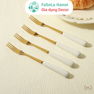 Thìa cafe - nĩa cỡ bé | thìa nĩa inox cán sứ | thìa dĩa inox không gặm nhấm cán sứ hình họa hoả hồng quý phi